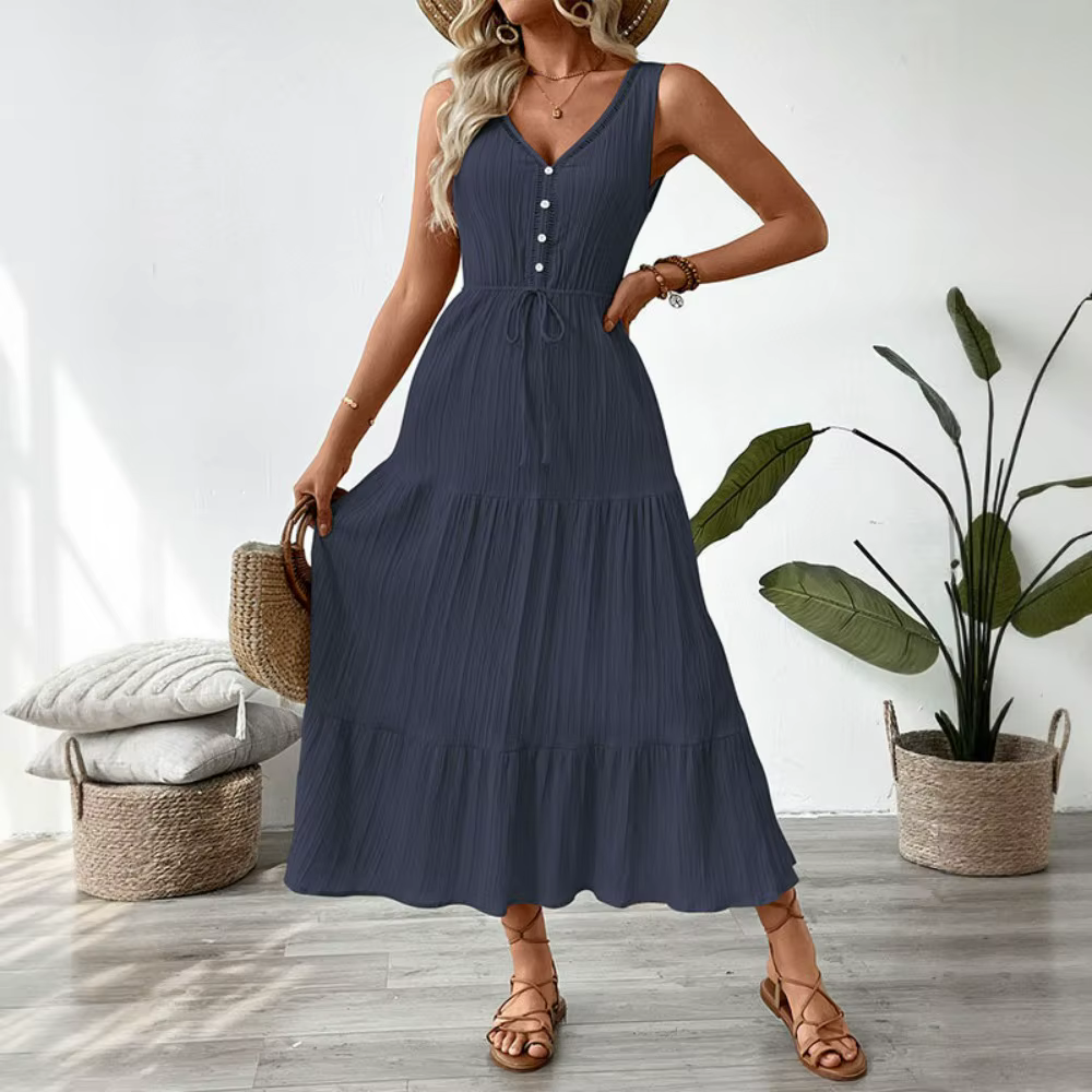 Robe longue texturée sans manches à volants pour femme