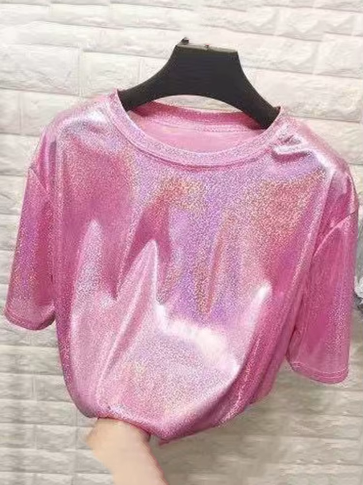 Été femme hauts brillant ample à manches courtes t-shirt sexy club esthétique harajuku femmes élégant