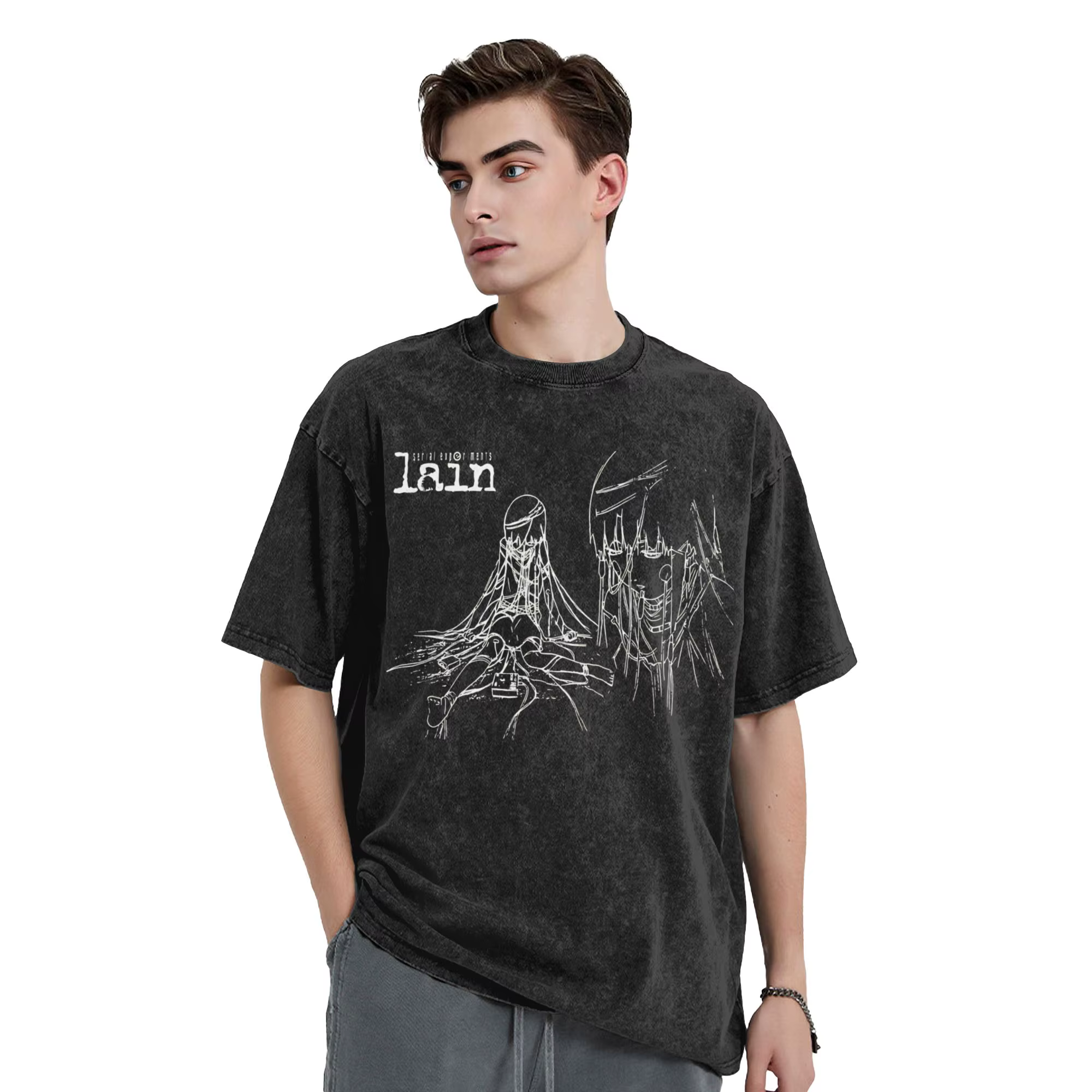 Lain Wired Up T-shirts pour hommes, t-shirt à manches courtes et col rond, 100% coton, grande taille, motif Serial Experiments Lain