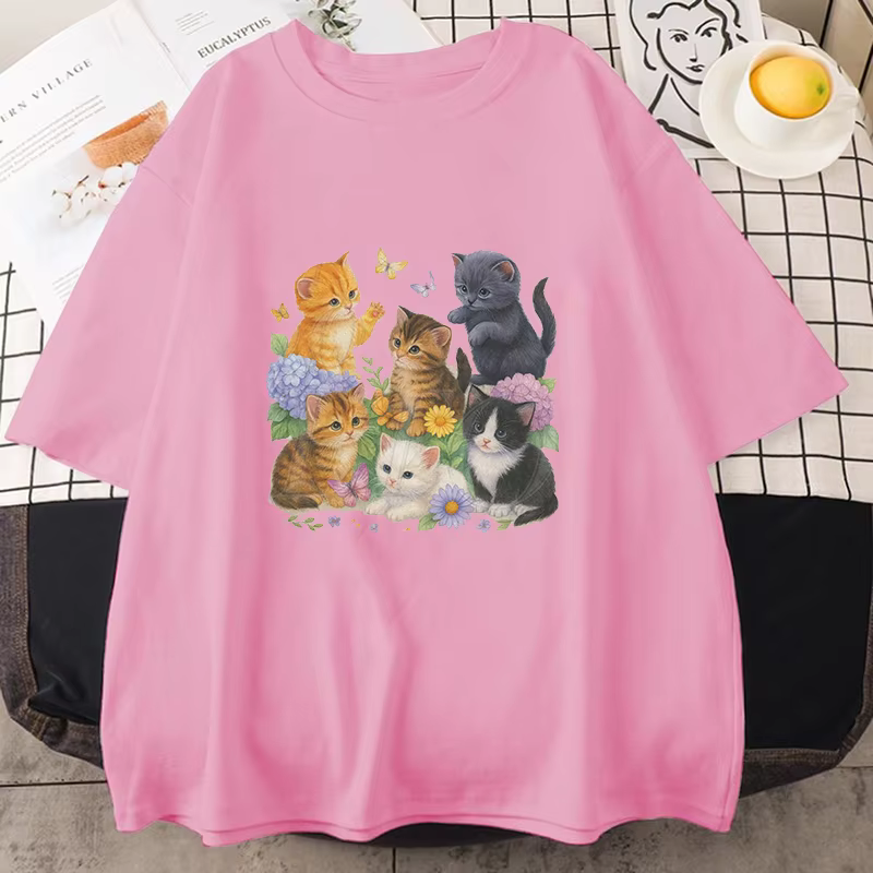 T-shirts à manches courtes avec imprimé chaton vintage mignon