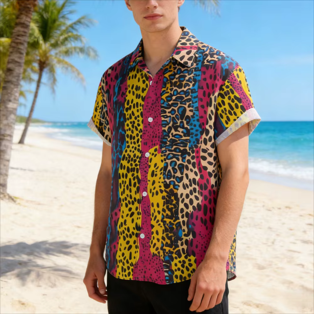 Chemise hawaïenne rétro pour homme à rayures colorées et imprimé léopard