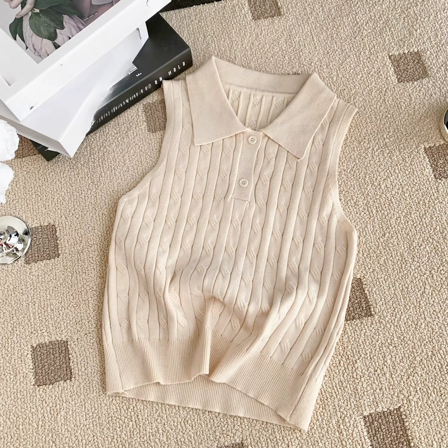 REALEFT été col Polo femmes tricoté T-shirts 2025 nouveau solide sans manches boutons tricots décontracté mince débardeurs femme