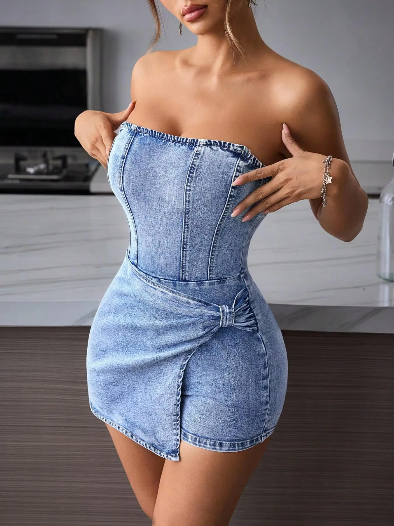 ✨ Robe en jean tube pour femme | Design sans bretelles à effet torsadé, l'indispensable pour les filles branchées en été