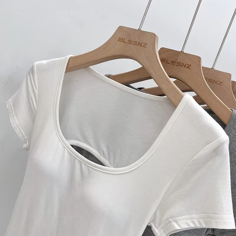 Femme col carré hauts de haute qualité plaine dos nu à manches courtes T-Shirt avec soutiens-gorge coussinets femmes Sexy Street Wear t-shirts 2026