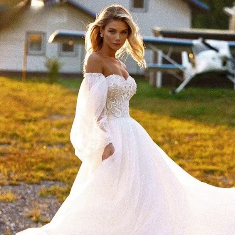 Robe de mariée en tulle pour femme, manches parfaites, costume de fête