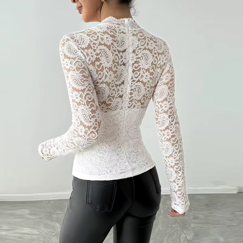 Élégant à manches longues dentelle chemise femmes Sexy transparent hauts blancs femme printemps automne col rond