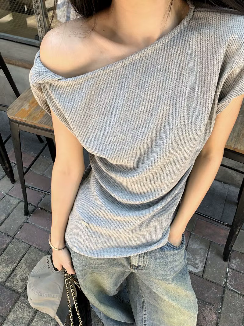 Gaufre épaules dénudées à manches courtes t-shirt femmes élégant jeunesse haut d'été coréen Chic vacances dame