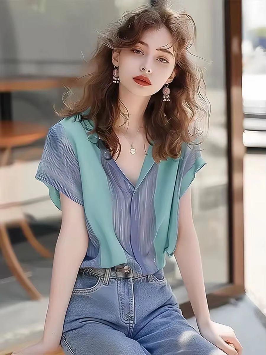 Chemise à manches courtes épissée à rayures violettes françaises