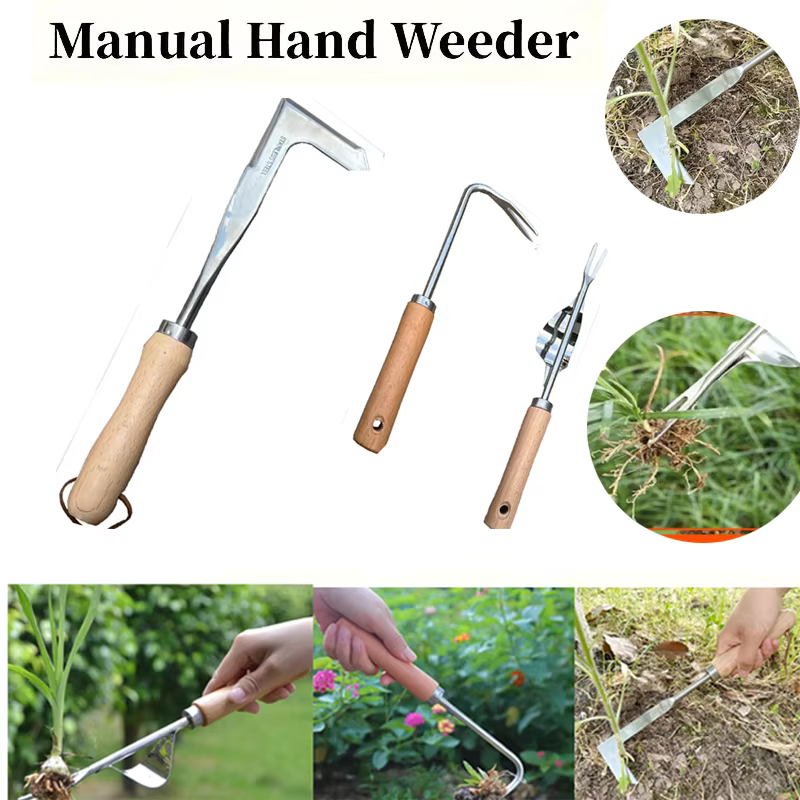 Désherbeur de jardin à manche en bois en acier inoxydable, désherbeur manuel, outil flacon de coupe, désherbeur multifonction, outil de greffe