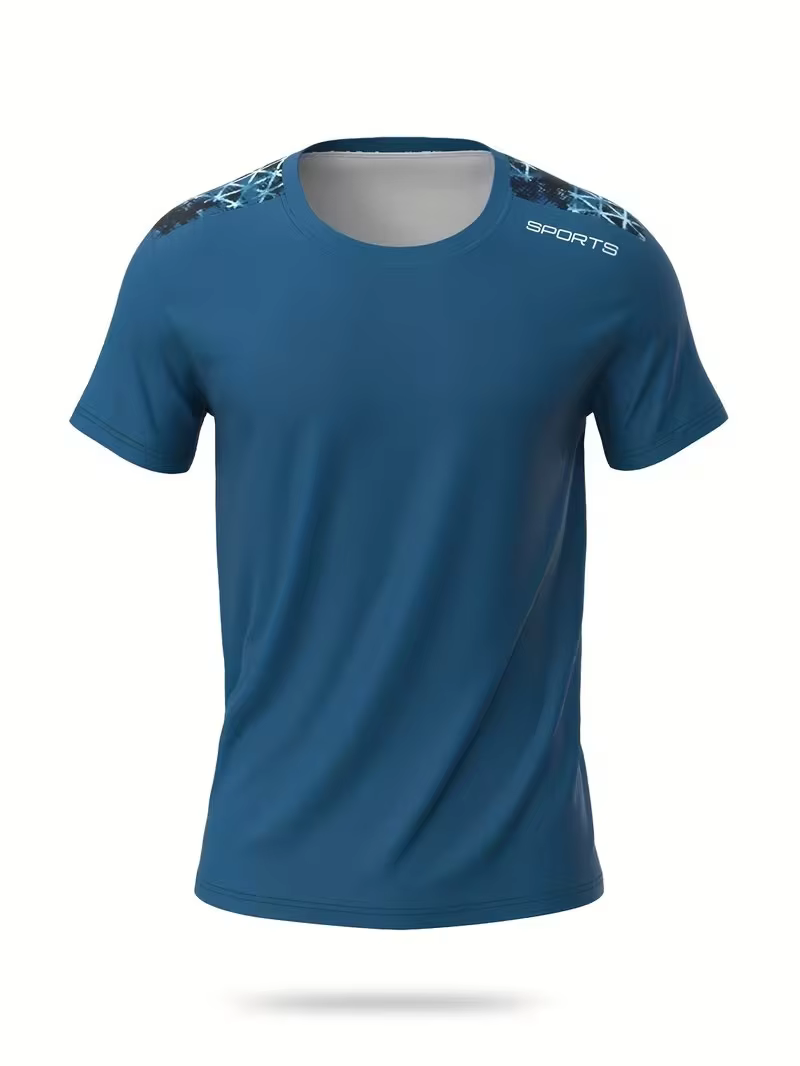 T-shirt de sport pour homme, séchage rapide, respirant, nouveau, imprimé nid d'abeille, color block, col rond, haut de gamme, vêtements de sport pour la course à pied
