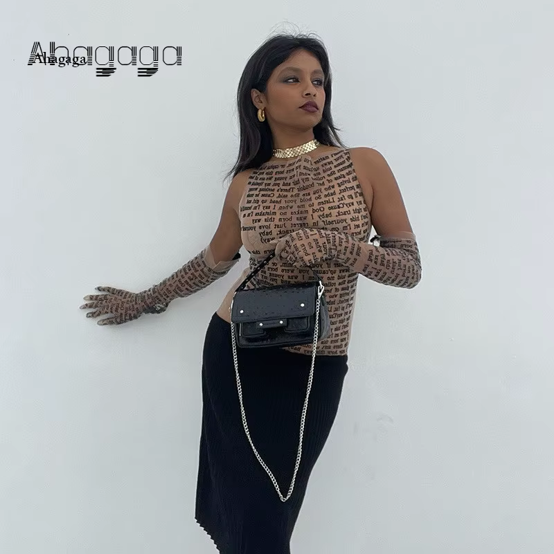 AHAgaga Sexy T-shirt femmes 2022 hiver décontracté lettre imprimer maigre voir à travers avec des gants chemises