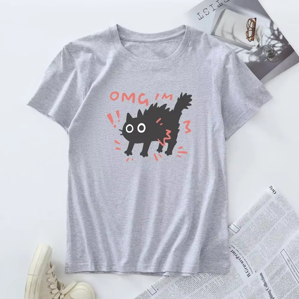 T-shirt imprimé chat effrayé pour femme