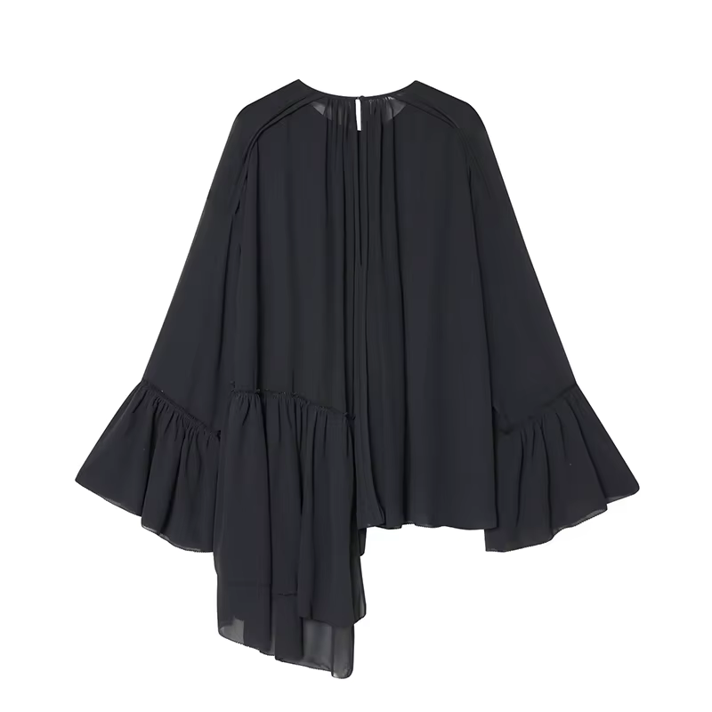 YENKYE nouveau chemisier en mousseline de soie ample à la mode et polyvalent pour les femmes manches papillon col rond asymétrique plissé à volants hauts