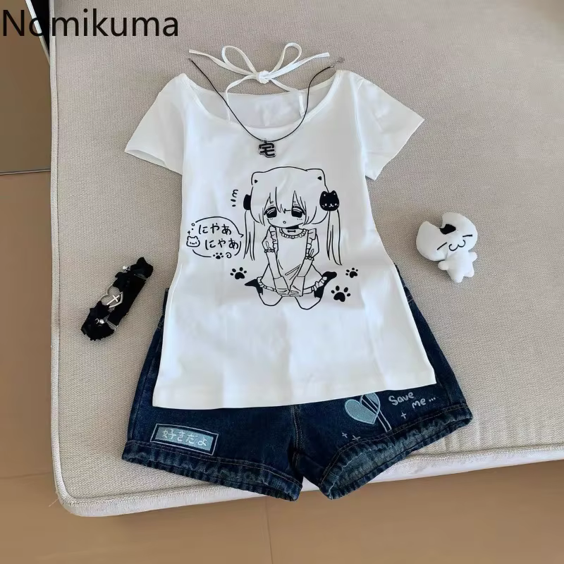 Femmes blanches t-shirts Y2k hauts 2025 Ropa Mujer manches courtes col rond