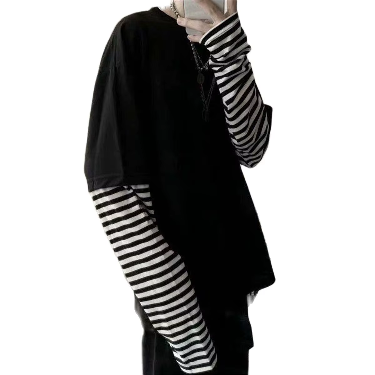 Cool rayé Patchwork T-Shirt hommes automne surdimensionné hauts garçons solide à manches longues