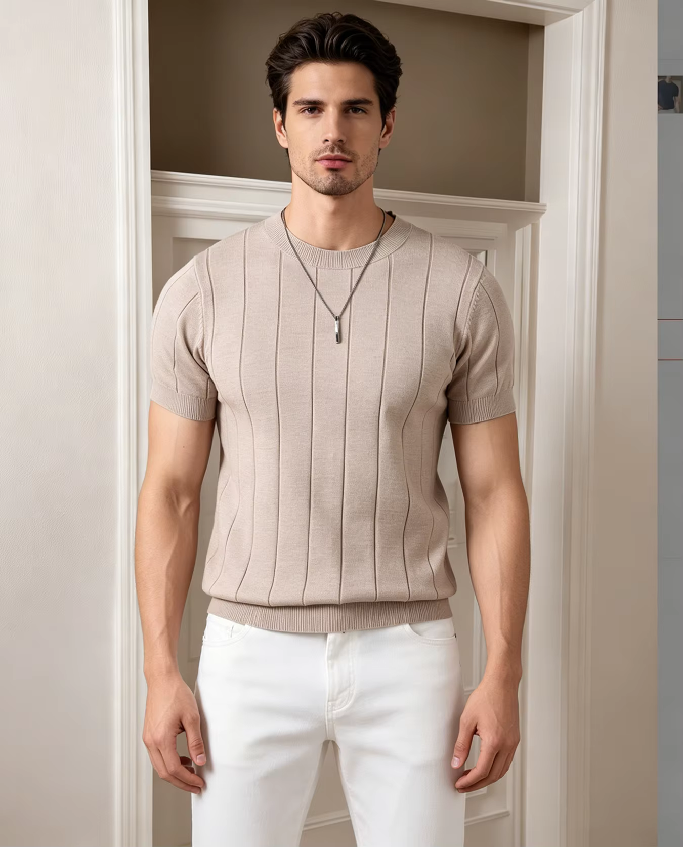 Polo à manches courtes en tricot côtelé pour homme | T-shirt à col rond uni coupe ajustée | Haut décontracté d'été