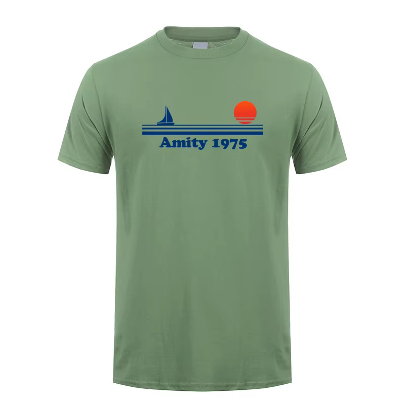 Amity 1975 t-shirt été hommes coton à manches courtes mâchoires rétro imprimé hauts t-shirts OT-033