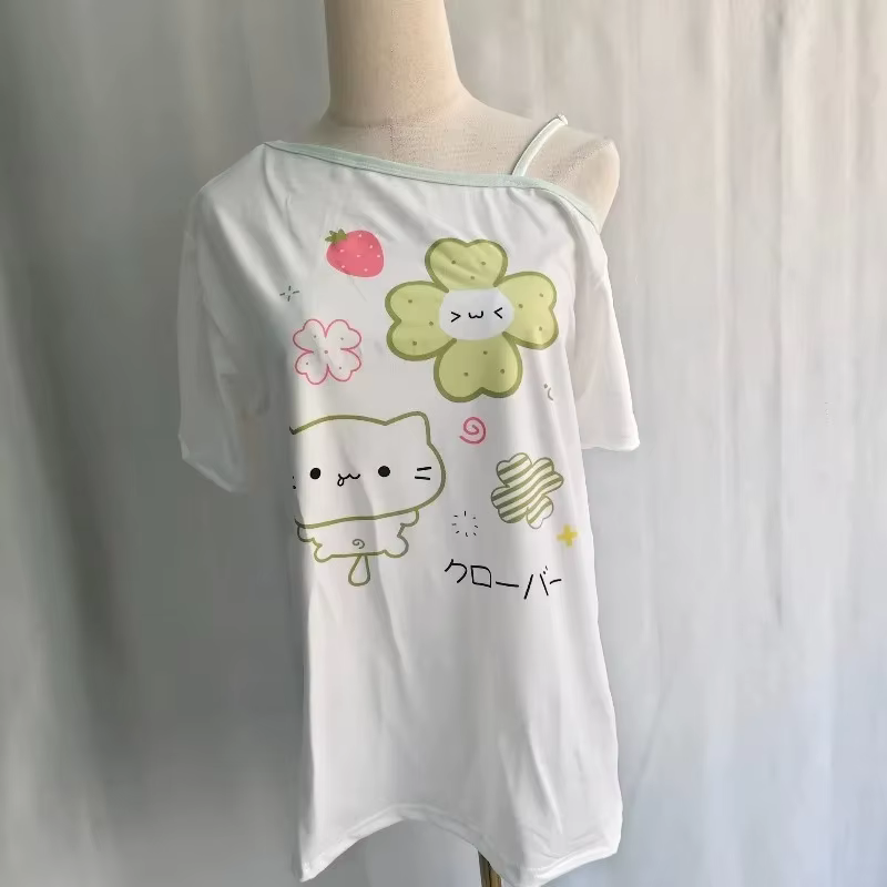 Ezgaga Harajuku t-shirts femmes dessin animé doux col diagonale manches courtes épaules nues drôle hauts femme Y2k dames