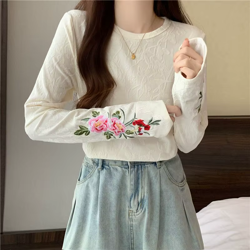 Femmes Style chinois T-shirt broderie Jacquard coupe ample haut printemps automne col rond blouse décontractée pour corps courbé