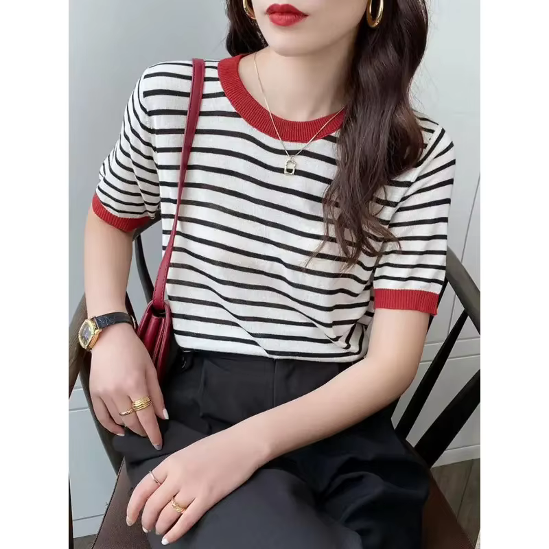 2025 hauts à rayures femmes tricoté col rond été imprimé à manches courtes décontracté Simple sauvage T-Shirt