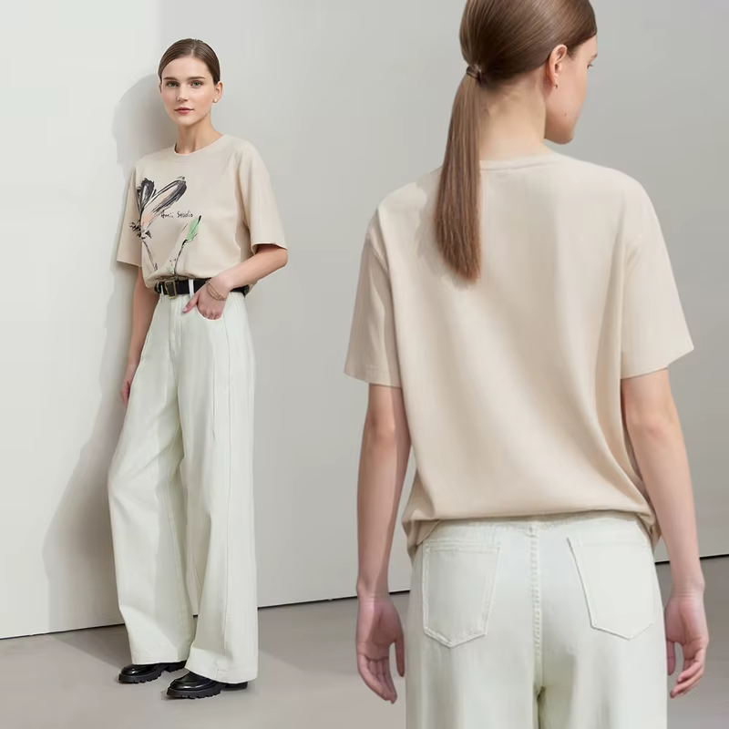 T-shirt femme Amii 2026 – Nouvelle collection été – Coton rafraîchissant – Col rond – Imprimé encre – Coupe ample – Manches courtes – Hauts 12622149