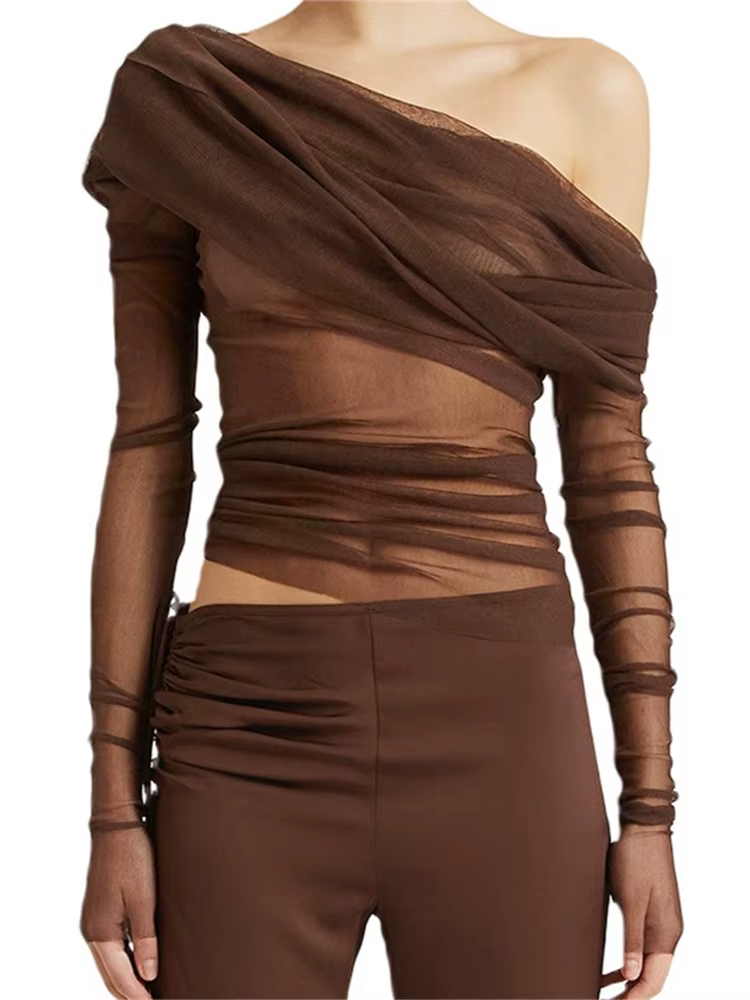 Femmes chemises courtes manches longues épaules dénudées hauts plissés décontracté élégant Sexy maille pure Blouse