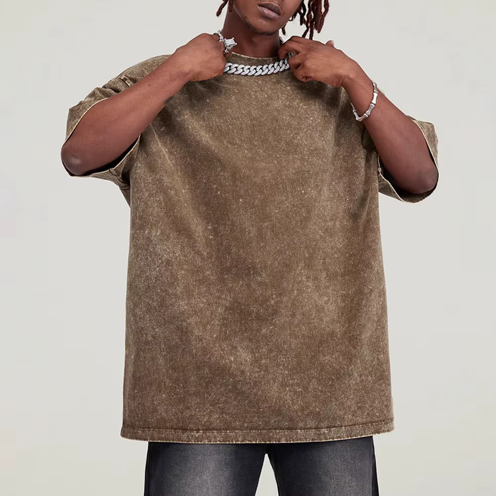 Streetwear lavé en détresse T-shirt pour hommes surdimensionné européen et américain épaules dénudées manches coton femmes t-shirts