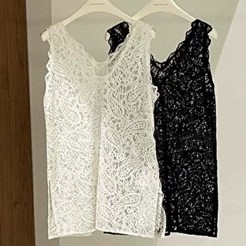 Débardeur long en dentelle noire unie pour femme