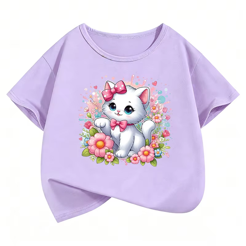 T-shirt imprimé chat avec nœud Kawaii