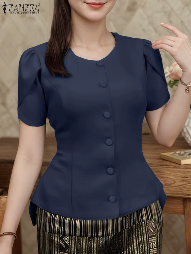 ZANZEA femmes mode asymétrique ourlet Chemises 2025 été col rond boutonné taille ajustée