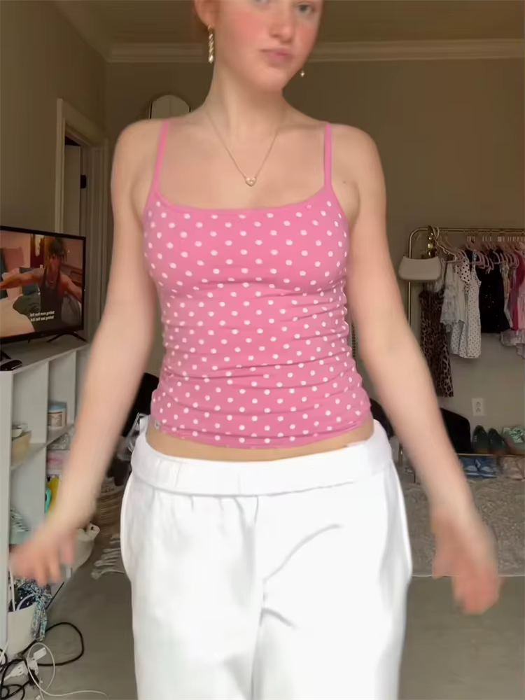 Nouveau débardeur court rose à pois pour femme
