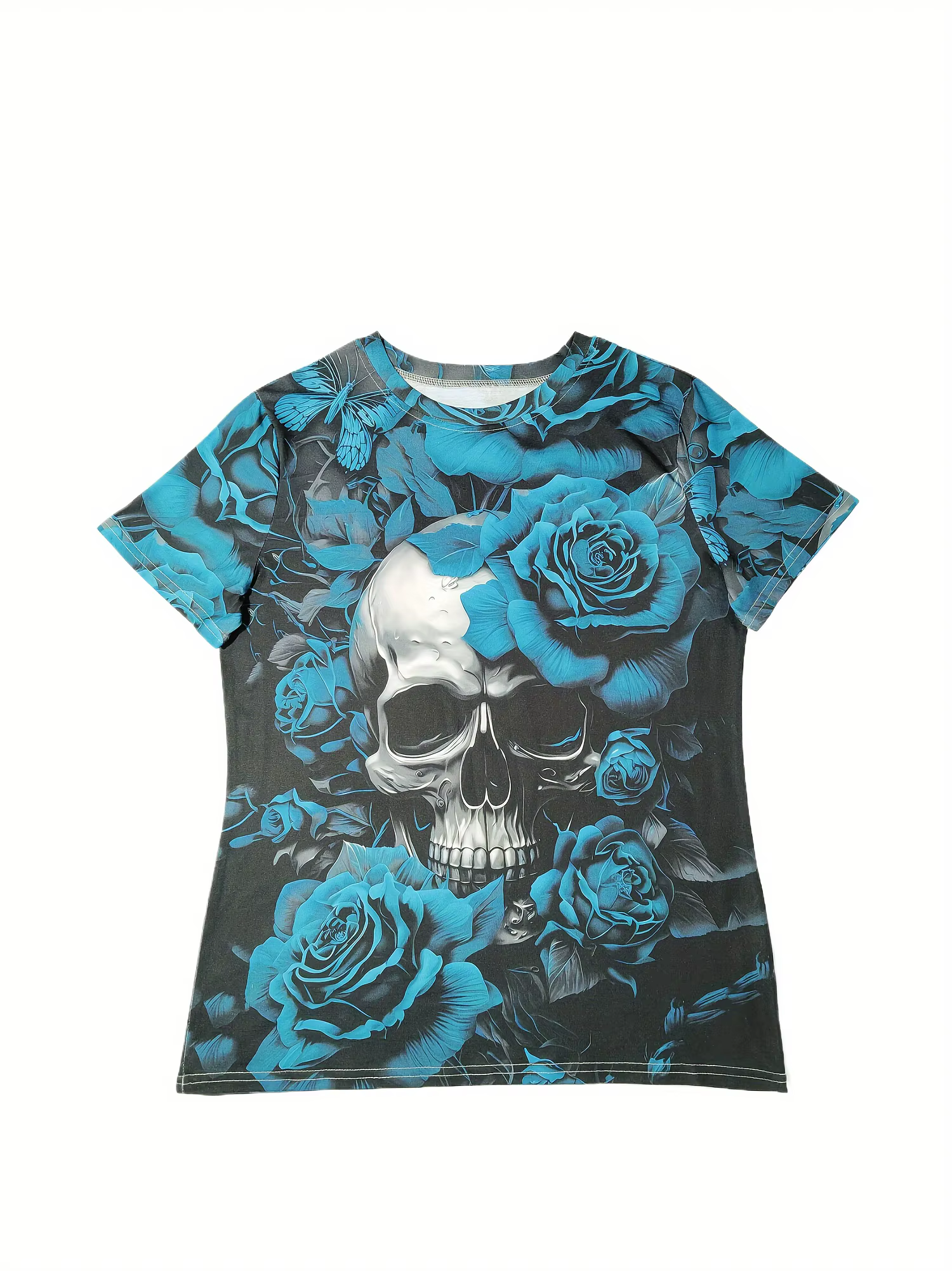 T-shirt pour femme - Motif tête de mort et rose turquoise