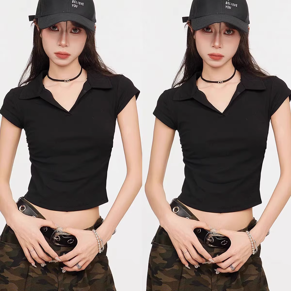 Coton été Sexy femmes t-shirt maigre mince basique solide haut court à manches courtes Polo