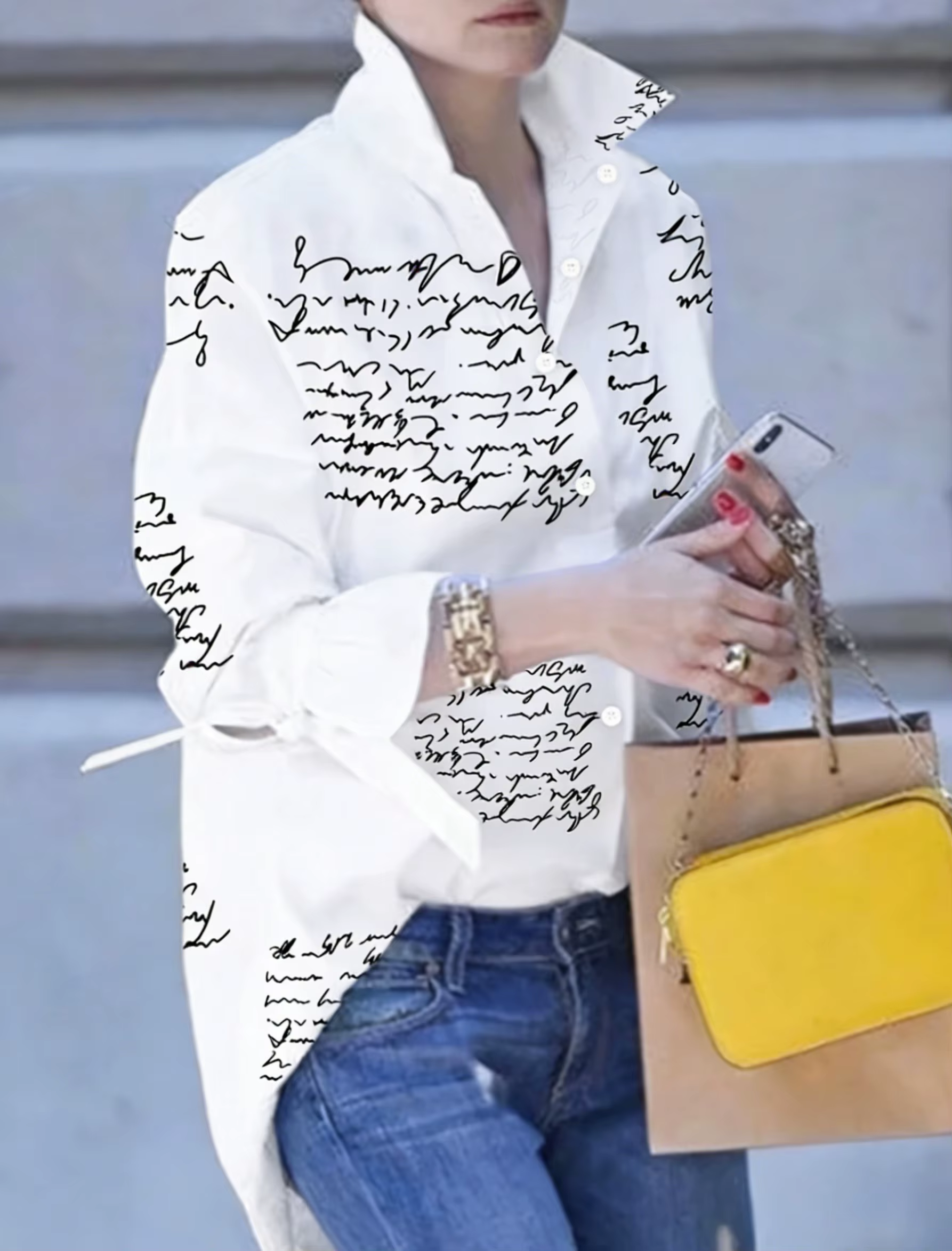 Chemise boutonnée blanche à imprimé script pour femme - Blouse décontractée à manches longues avec poignets à nouer pour le bureau et le style urbain