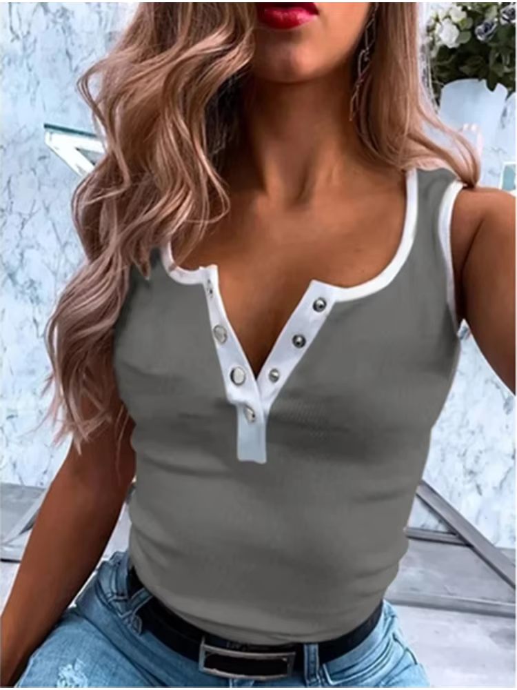 Femmes sans manches bouton mince Camisole monochromatique gilet décontracté été T-Shirt nouveau 2021