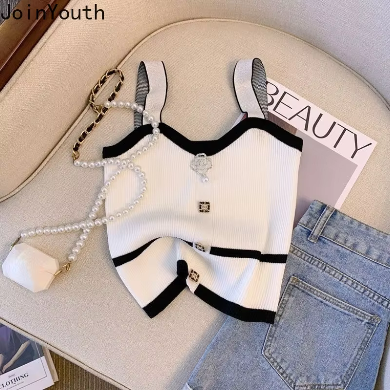 Débardeur tricoté femmes vêtements sans manches tunique tempérament coréen gilet 2025 Ropa Mujer mode Sexy Camis été culture hauts 27u009