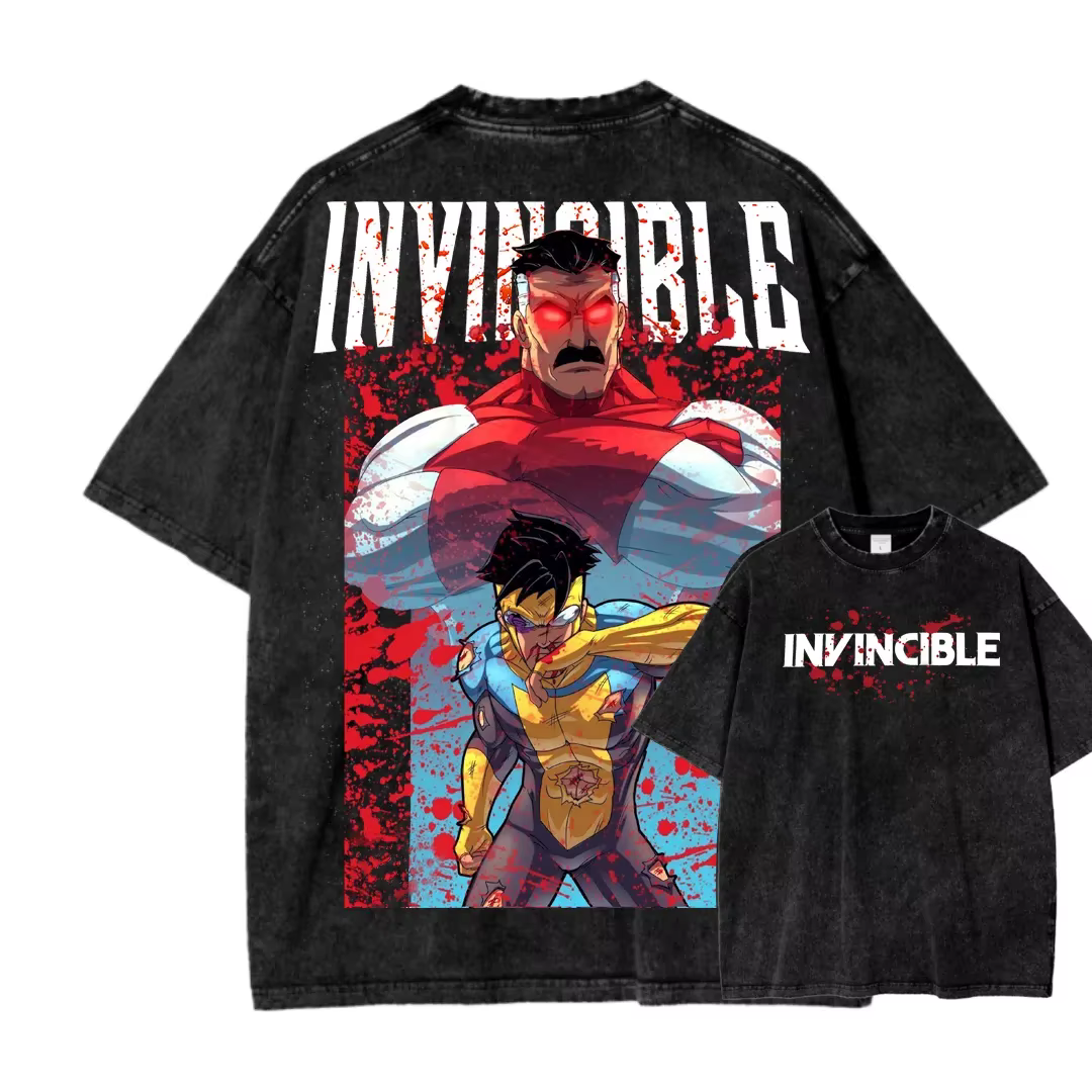 T-shirt en coton à col rond imprimé graphique d'anime de super-héros Invincible