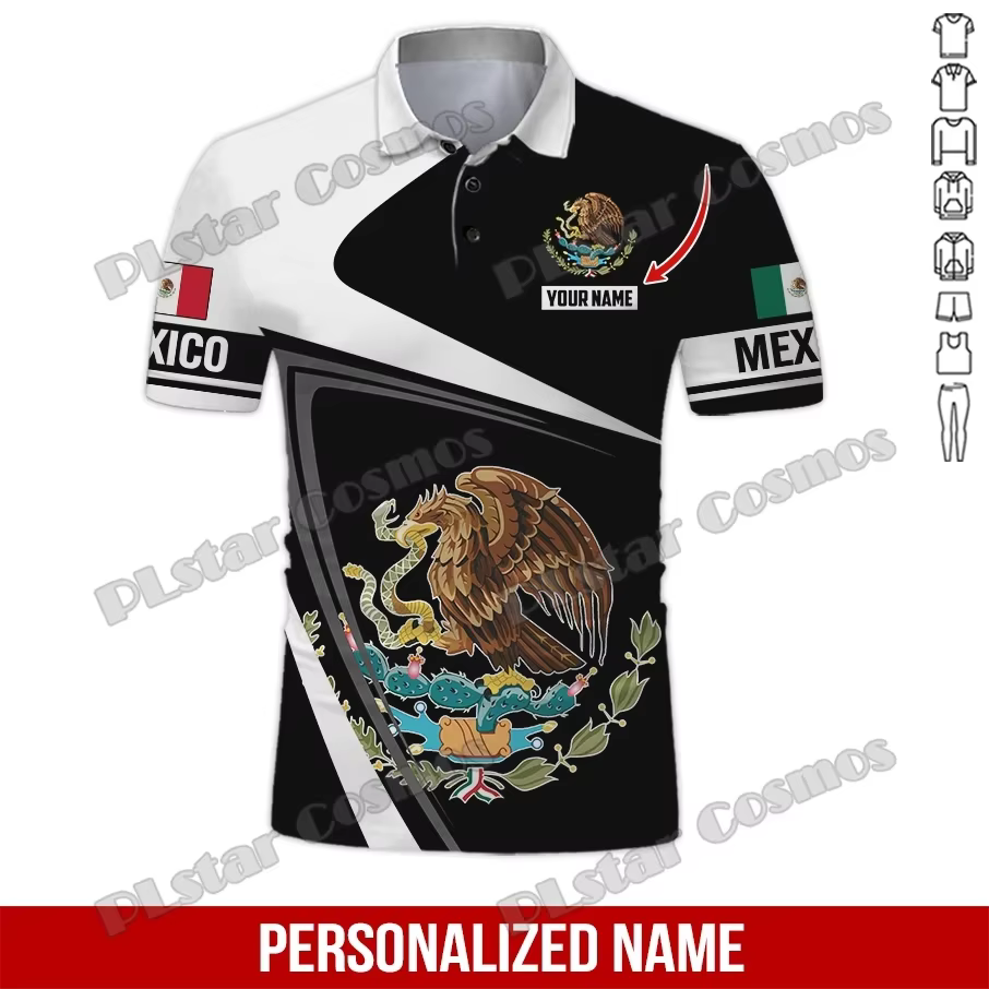 Nom personnalisé mexique blason 3D partout imprimé mode hommes Polo été décontracté unisexe à manches courtes