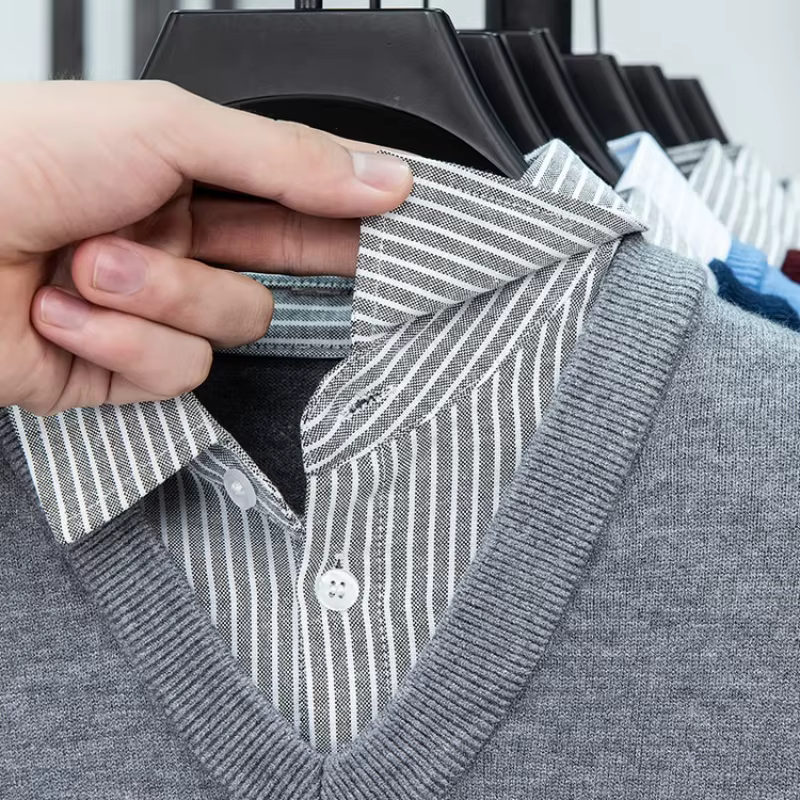  Pull en tricot à col de chemise pour hommes - Bleu clair (6 couleurs) Faux design à deux couches Style décontracté