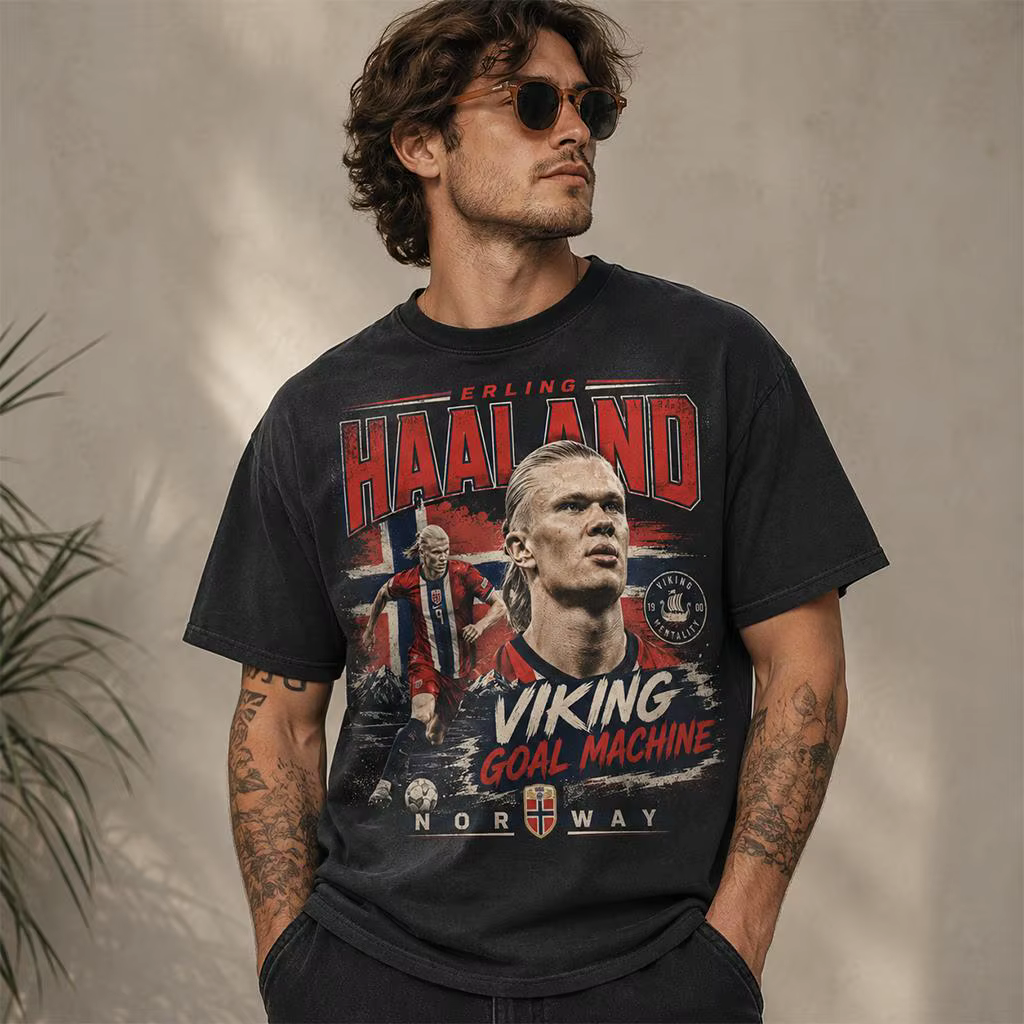 T-shirt imprimé rétro Erling Haaland Norvège Football Portrait Vintage Lavé Viking Machine à Buts Streetwear Coton