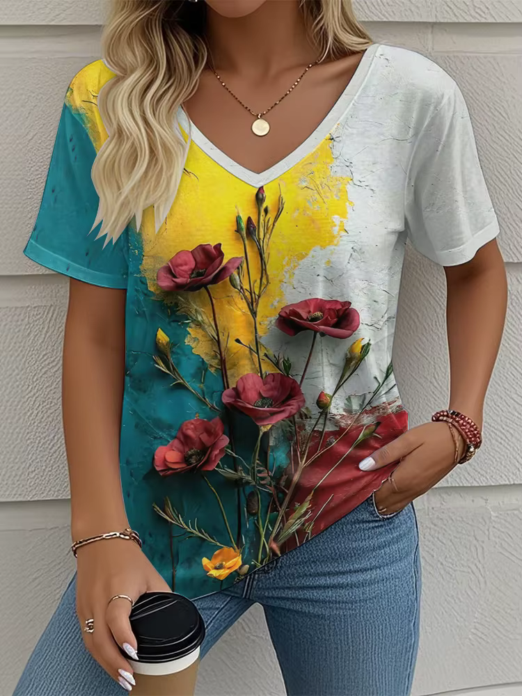 T-Shirt femme motif Floral imprimé décontracté col rond manches courtes hauts rue mode surdimensionné t-shirts vêtements pour femmes