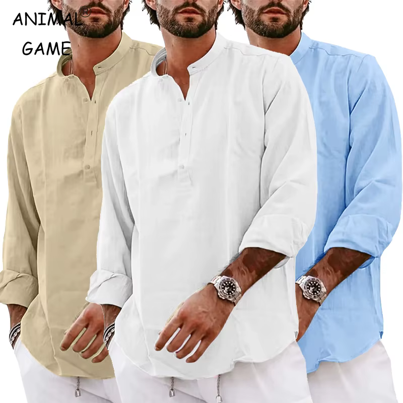 Nouveaux hommes à manches longues coton T-Shirts léger Streetwear Henley chemises en lin