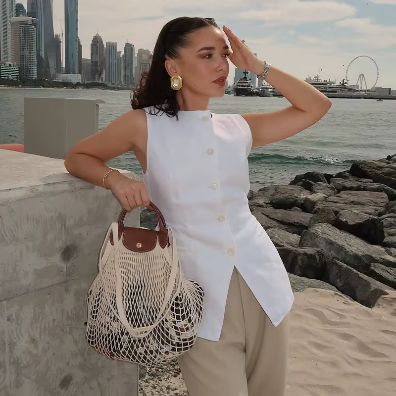 MUJER 2025 blanc gilet sans manches femmes bouton gilets d'été