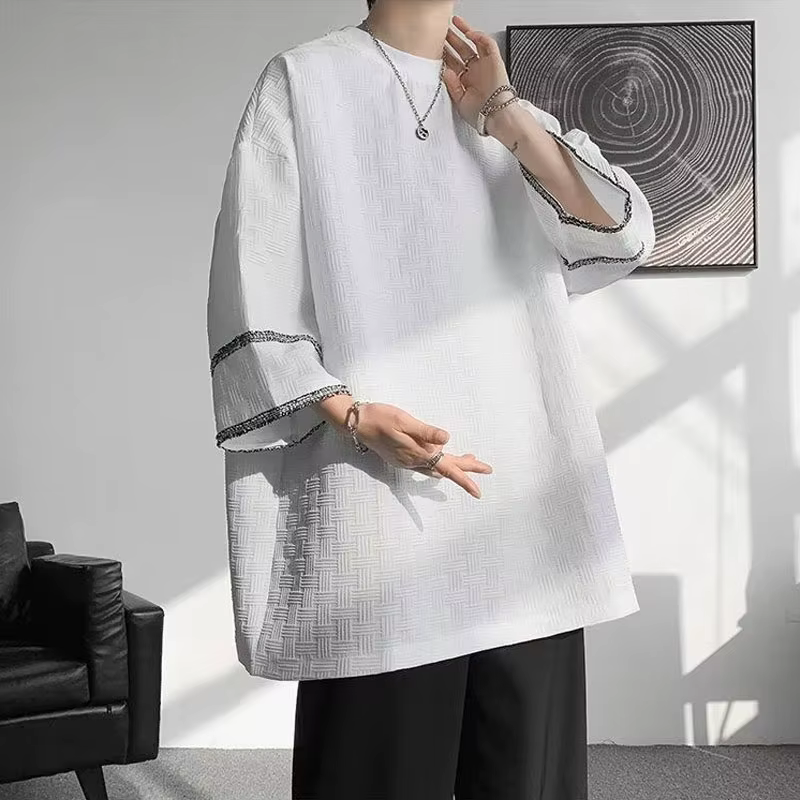 Vêtements pour hommes demi manches pulls élégant ligne lumineuse décoration été décontracté col rond tout-match couleur unie T-shirts amples