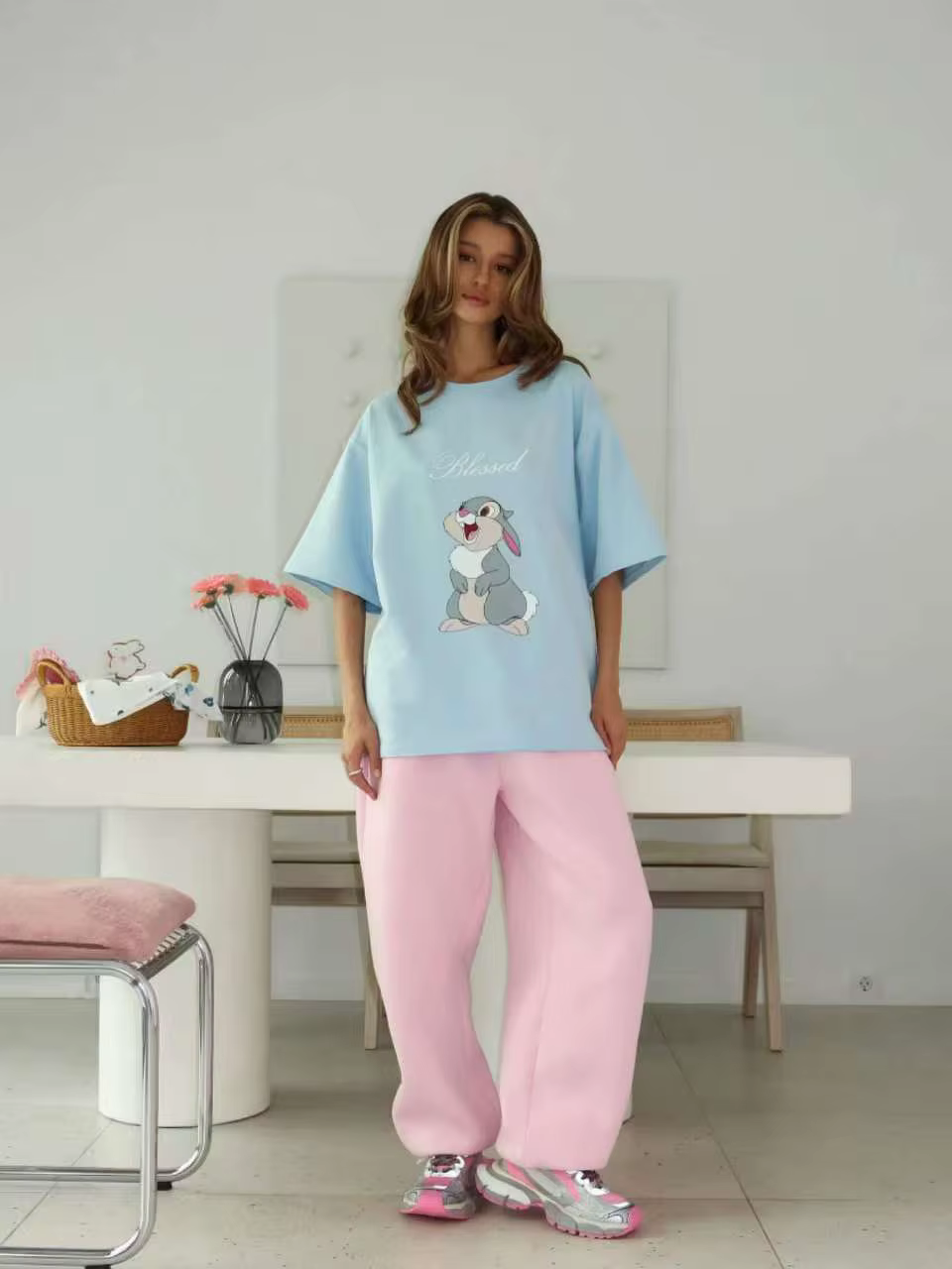Kawaii lapin imprimé blanc 100% coton américain décontracté Streetwear femmes t-shirt à manches courtes col rond