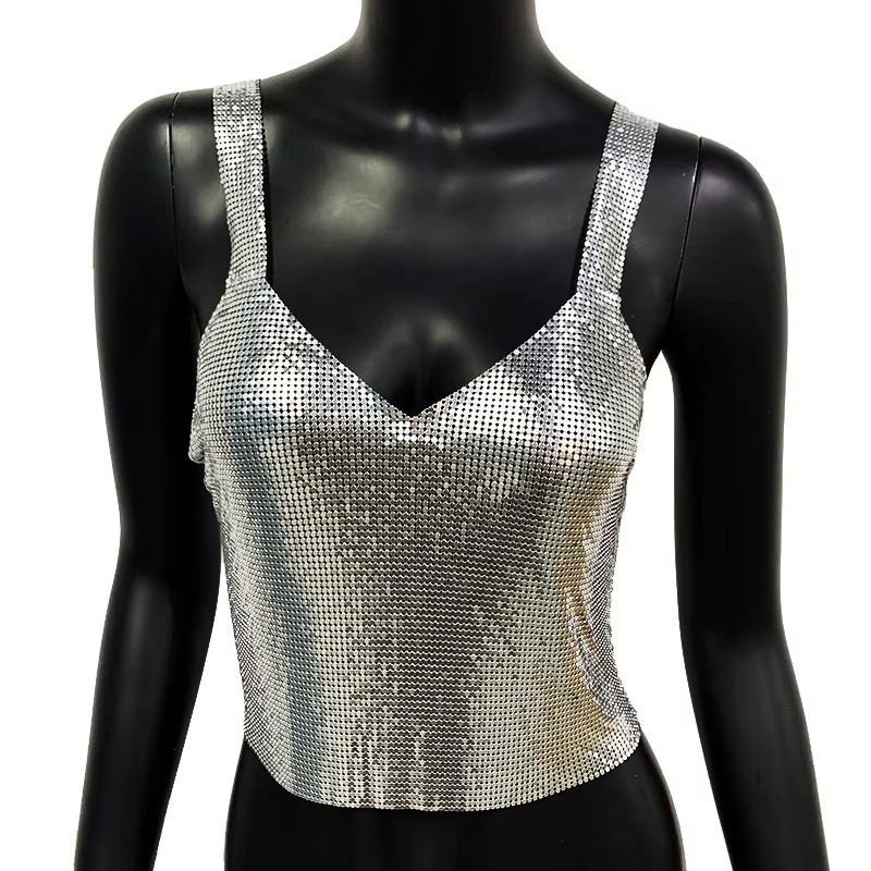 Bretelles sangle col en V dos nu débardeurs femmes Club tenue de fête été métal paillettes vacances plage porter à la main gilets courts