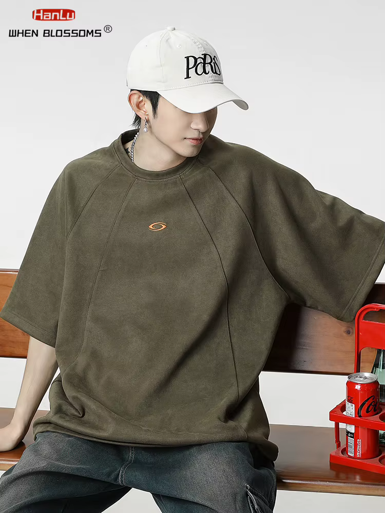HANLU nouvel été hommes daim T-shirt broderie Vintage Hip Hop surdimensionné