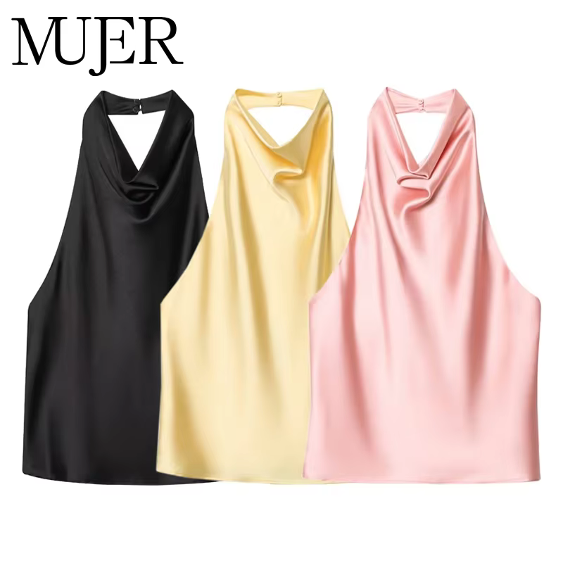 MUJER Satin haut à licou femme 2026 Sexy dos nu hauts pour femmes Camisole épaules nues