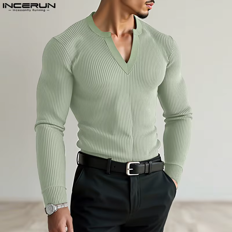 INCERUN hommes t-shirt couleur unie col en V à manches longues tricoté Streetwear mâle