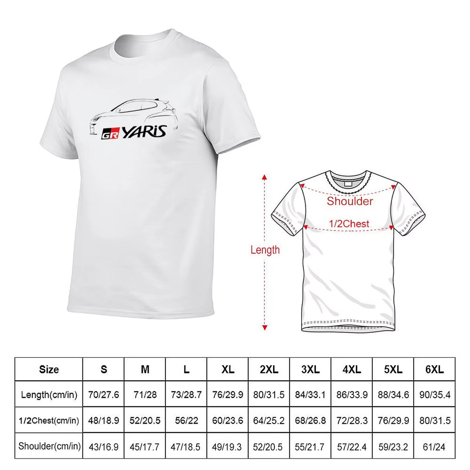 GR Yaris Silhouette-T-Shirt noir homme T-Shirt coton haute qualité